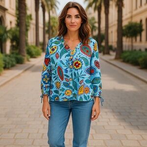 Hester & Orchard Cotton Linen Blend Blue Print 3/4 Sleeve V Neck women’s Size XL